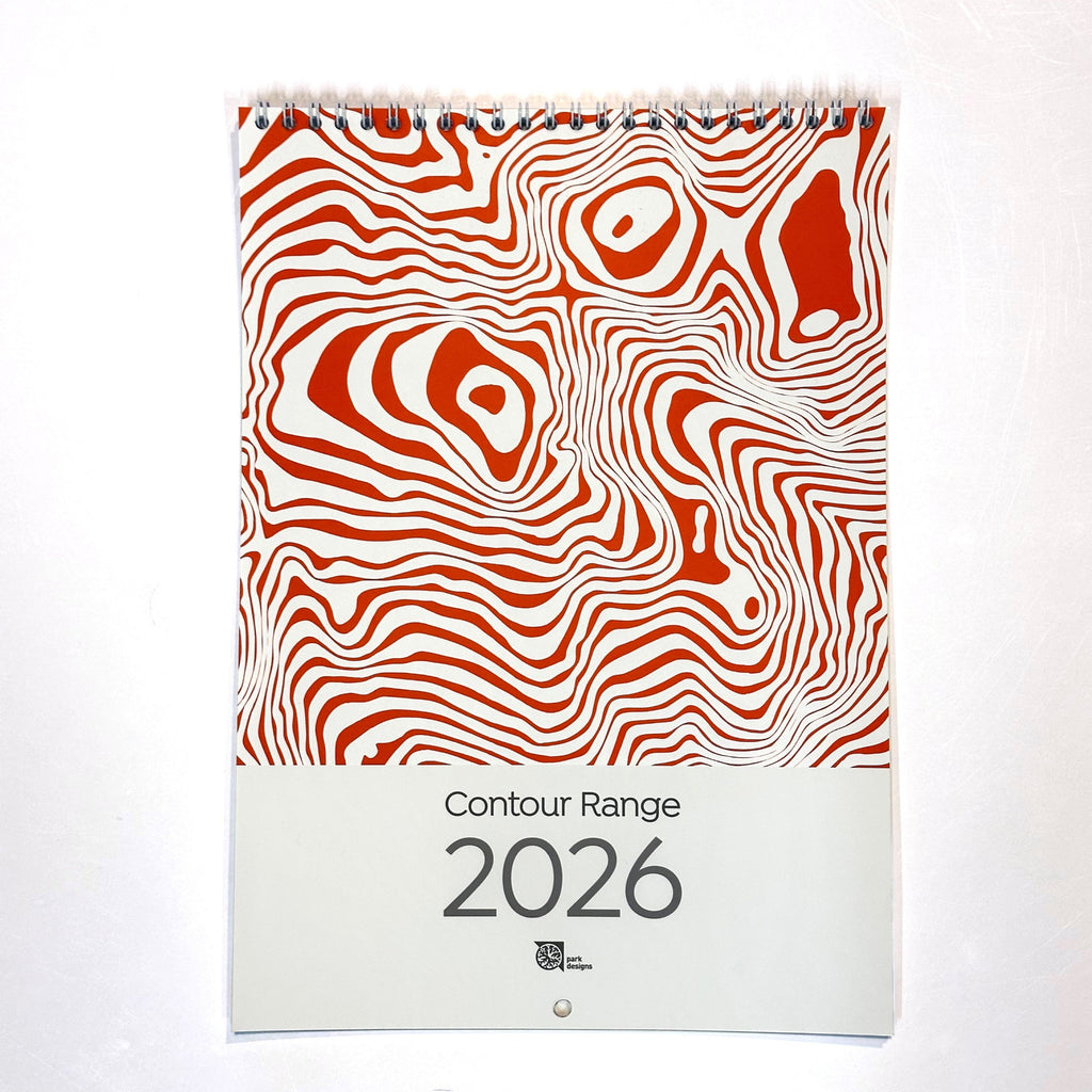2026 calendar with red and white wavy pattern on a white background