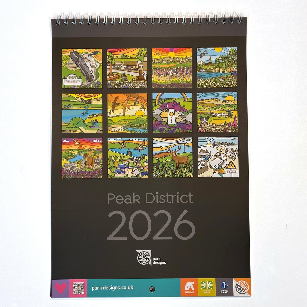 Calendar for the Peak District 2026 with colorful illustrations on a black background